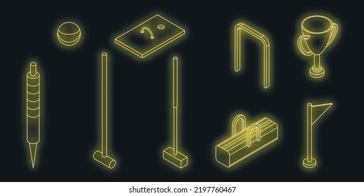Croquet icons set. Isometric set of croquet vector icons neon color on black