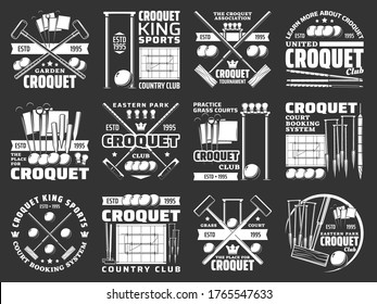 Croquet items and equipment icons, sport club tournament vector signs. Croquet tournament and championship game crossed bats, balls, wicket hoops and pegs on playing field court