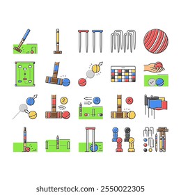 croquet mallet game ball icons set vector. croquette old, tournament garden, lawn stick, grass sport, playing wooden croquet mallet game ball color line illustrations