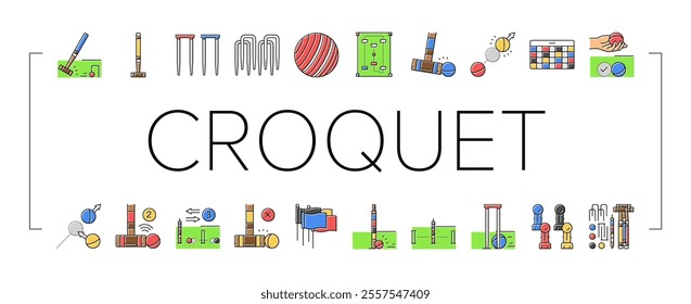 croquet mallet game ball icons set vector. croquette old, tournament garden, lawn stick, grass sport, playing wooden croquet mallet game ball color line illustrations