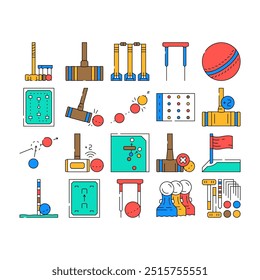 croquet mallet lawn icons set vector. sport champion ball, wooden stick, label game, team hit, traditional bat croquet mallet lawn color Contour Illustrations