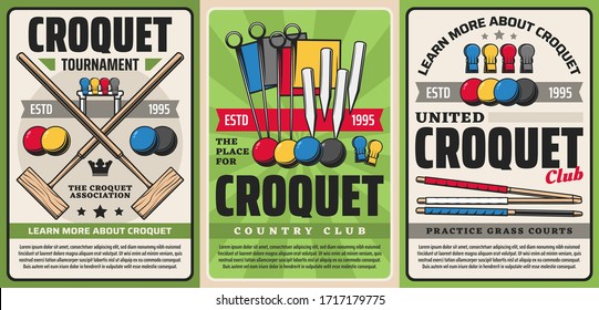 Croquet sport club tournament and country team championship, vector vintage posters. Garden croquet sport club association, player bat, balls and wicket hoops on playing field court