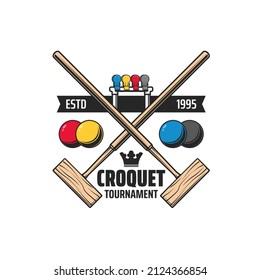 Croquet sport crossed wooden mallets icon with vector balls, wicket or hoop and colorful player clips. Croquet court, sport club, championship, tournament match isolated emblem or symbol design