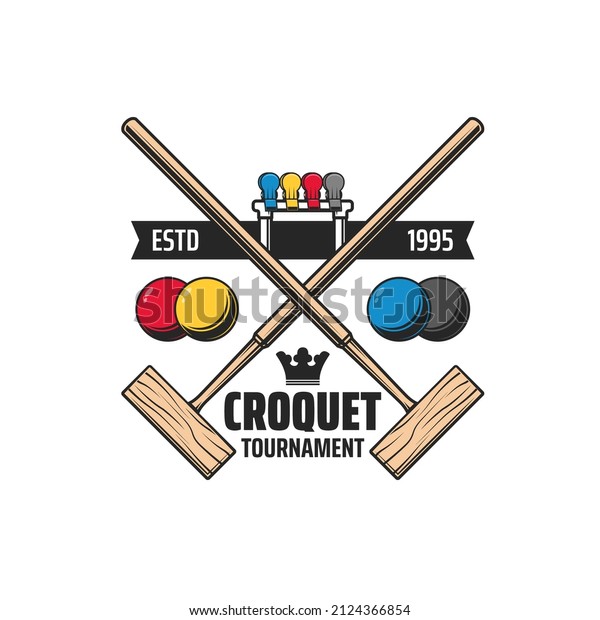 Croquet\
sport crossed wooden mallets icon with vector balls, wicket or hoop\
and colorful player clips. Croquet court, sport club, championship,\
tournament match isolated emblem or symbol\
design
