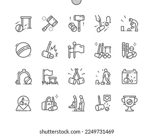 Croquet sport game. Ball, mallets, hoops, pegs, corner flags. Croquet competition. Pixel Perfect Vector Thin Line Icons. Simple Minimal Pictogram