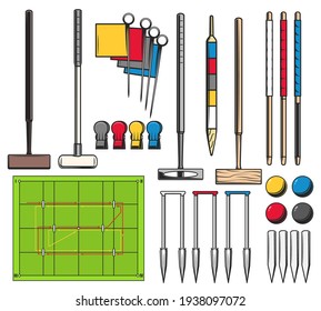 Croquet sport game court and equipment set. Wooden mallets and balls, center peg, goal stake and hoops, wickets, flags and clips, playing field with rules and run directions arrows scheme vector