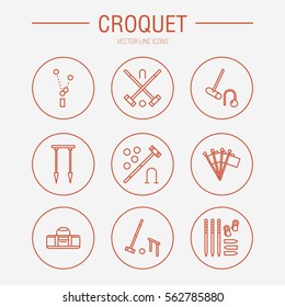 Croquet sport game vector line icons. Ball, mallets, hoops, pegs, corner flags. Garden, lawn activities signs set, championship pictograms with editable stroke for club, equipment store