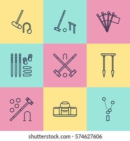 Croquet sport game vector line icons. Ball, mallets, hoops, pegs, corner flags. Garden, lawn activities signs set, championship pictograms with editable stroke for club, equipment store.