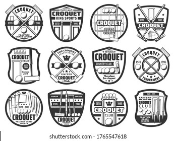 Croquet sport icons, equipment and items, country team club tournament vector emblem. Croquet playing equipment items, crossed bats, balls and wicket hoops, croquet club association and booking signs