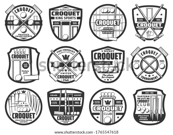 Croquet sport icons, equipment and items, country\
team club tournament vector emblem. Croquet playing equipment\
items, crossed bats, balls and wicket hoops, croquet club\
association and booking\
signs