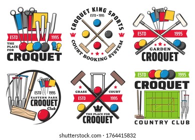 Croquet sport isolated icons with vector game balls, mallets and wickets or hoops, scoring post and corner flags on green court. Croquet sport club and tournament competition emblems design