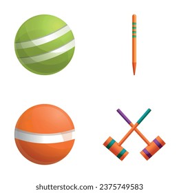 Croquet tool icons set cartoon vector. Center peg, croquet mallet and ball. Sport, healthy lifestyle