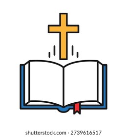 A cross above an open book with a red bookmark
