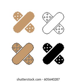 Cross adhesive plaster, outline vector logo illustration, linear and flat pixel pictograms isolated on white. Line and flat brawn pixel icons for first aid kit, medical center/hospital, pharmacy