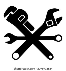 Cross Adjustable Wrench And Pipe Wrench Icon. Industrial Work Tools. Black Silhouette Vector Illustration Isolated On White Background.