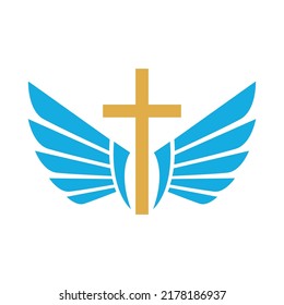 Cross with Angel Wings. Vector illustration. Logo. Christian