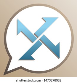 Cross from arrows icon. Bright cerulean icon in white speech balloon at pale taupe background. Illustration.