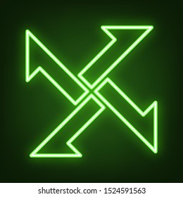 Cross from arrows icon. Green neon icon in the dark. Blurred lightening. Illustration.