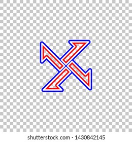 Cross from arrows icon. Red, white and contour icon at transparent background. Illustration.
