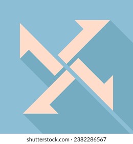 Cross from arrows icon. Unbleached silk Icon with very long shadow at dark sky blue background. Illustration.
