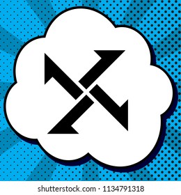 Cross from arrows icon. Vector. Black icon in bubble on blue pop-art background with rays.
