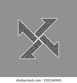 Cross from arrows icon. Vector. Black maze filled icon with white border at gray background.