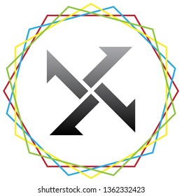 Cross from arrows icon. Vector. Black icon with patch of light inside colorful hexagonal frames at white background.