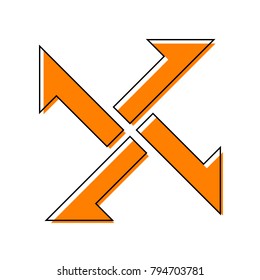 Cross from arrows icon. Vector. Black line icon with shifted flat orange filled icon on white background. Isolated.