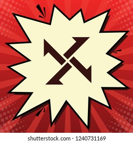 Cross from arrows icon. Vector. Dark red icon in lemon chiffon shutter bubble at red popart background with rays.