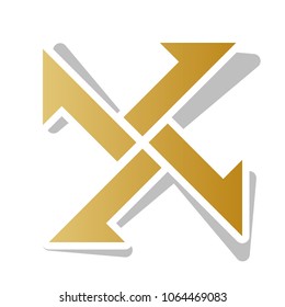 Cross from arrows icon. Vector. Golden gradient icon with white contour and rotated gray shadow at white background.