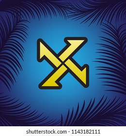 Cross from arrows icon. Vector. Golden icon with black contour at blue background with branches of palm trees.