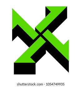 Cross from arrows icon. Vector. Green 3d icon with black side on white background. Isolated.