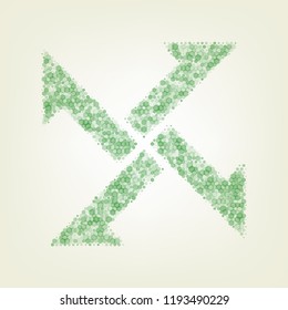 Cross from arrows icon. Vector. Green hexagon rastered icon and noised opacity and size at light green background with central light.