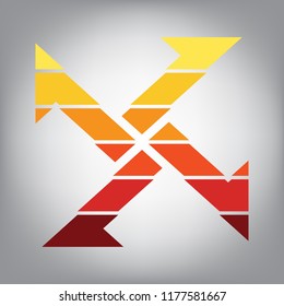 Cross from arrows icon. Vector. Horizontally sliced icon with colors from sunny gradient in gray background.