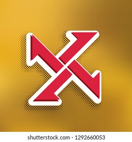 Cross from arrows icon. Vector. Magenta icon with darker shadow, white sticker and black popart shadow on golden background.