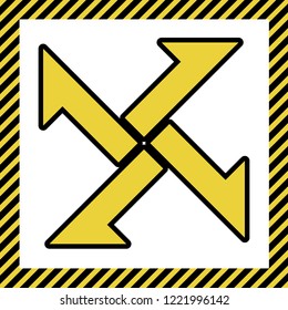 Cross from arrows icon. Vector. Warm yellow icon with black contour in frame named as under construction at white background. Isolated.