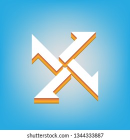 Cross from arrows icon. Vector. White icon with 3d warm-colored gradient body at sky blue background.