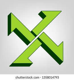 Cross from arrows icon. Vector. Yellow green solid icon with dark green external body at light colored background.
