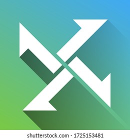 Cross from arrows icon. White Icon with gray dropped limitless shadow on green to blue background. Illustration.