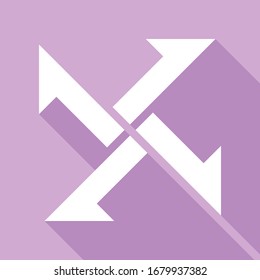 Icono de las flechas. Icono blanco con una larga sombra en fondo morado.  Ilustración.