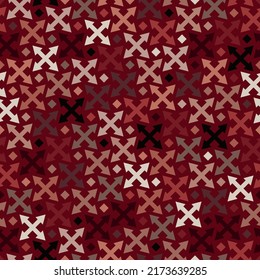 Cross arrows ornament seamless pattern. Abstract red rust tribal backdrop image. Camouflage mosaics wallpaper background. Vector geometrical textile print, web design artwork.