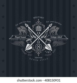 Cross Arrows With Ribbons and Two Lions. Military Heraldic Label On Blackboard