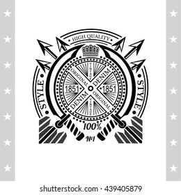 Cross arrows with round frame between two swords in center. Heraldic vintage label on white