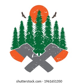Cross axs with wild nature. Nature logo. Outdoor illustration.