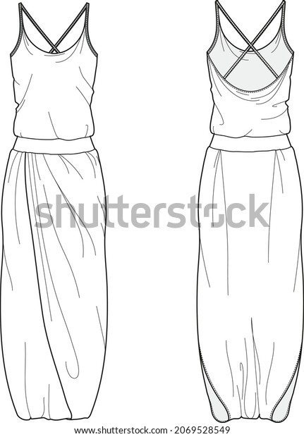 cross\
back cover up dress flat sketch vector\
illustration