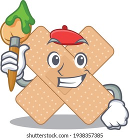 Cross bandage artist cartoon picture style paint a landscape using a brush. Vector illustration