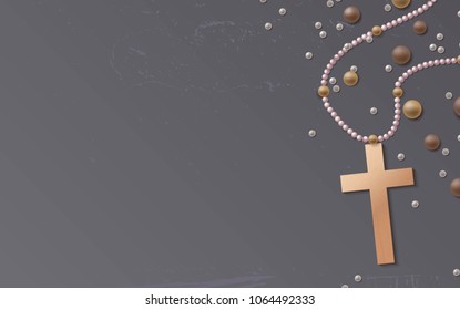 Cross and beads on shabby background. Vector illustration