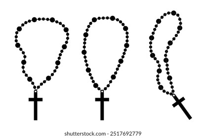 Cross with Beads Silhouette. Religious objects and items for prayer vector