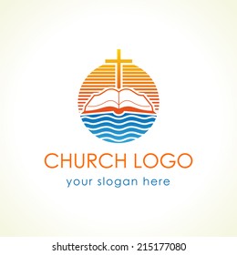 Cross and bible christian vector logo. Open book, sunset and waves of water stamp icon. Educational stamp symbol for missionary, churches, events, organizations. Religious debates or discussion sign.