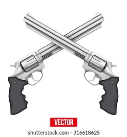Cross of Big Revolvers. Silver bright metal. Vector Illustration isolated on white background. 